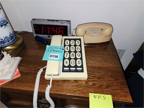Vintage Push-Button Telephones and Digital Alarm Clock