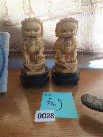 028 - Pair of Carved Foo Dog Statues on Wooden Stands