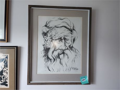Framed Ink Portrait of Bearded Man by Y. Yamin, 1968