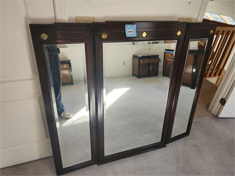 105 - Triple Panel Wall Mirror with Dark Wood Frame
