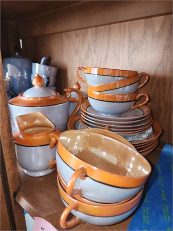 077 - Orange-Banded Ceramic Tea Set