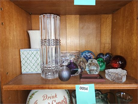 054 - Assorted Glass Paperweights, Vases & Bowl
