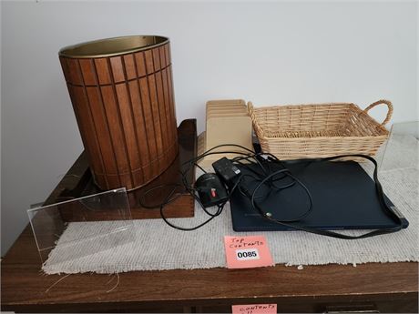 Wood Slat Wastebasket with Assorted Office Accessories