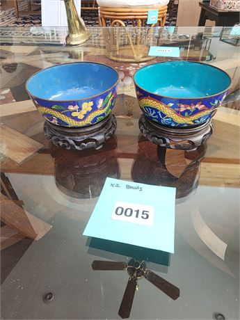 015 - Pair of Blue Ceramic Bowls with Wooden Stands