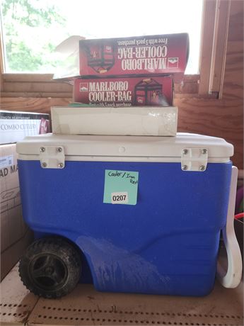 Large Blue Rolling Cooler with Vintage Marlboro Cooler Bags
