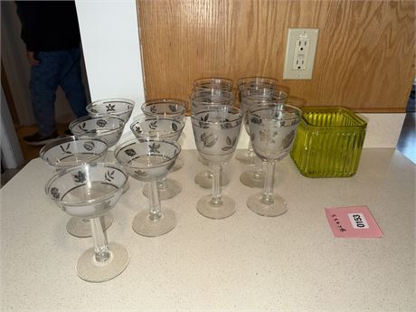 153 - Set of 14 Etched Glass Stemware with Green Glass Dish