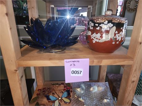 057 - Blue Glass Bowl, Ceramic Jar, and Pink Glass Vase
