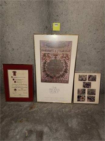 Framed Award Certificate and Botanical Prints Set