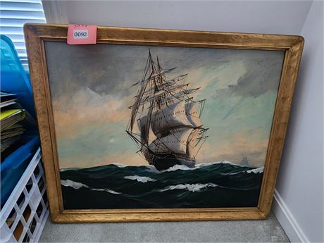 Framed Oil Painting of Sailing Ship on Ocean