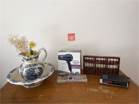 Mixed Lot: Ceramic Pitcher Set, Hair Dryer, Abacus, Clock Radio
