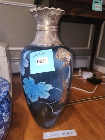 027 - Large Blue Floral Ceramic Vase with Metallic Accents