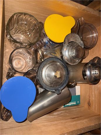 Assorted Glass and Metal Kitchenware in Wooden Drawer