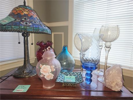 018 - Assorted Tabletop Decor Including Glassware - Lamp not included