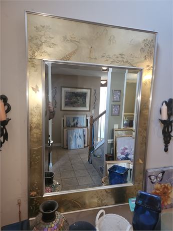 003 - Floral Etched Glass Wall Mirror, 42 x 28 Inches