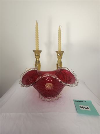 004 - Ruby Red Glass Bowl with Clear Ruffled Edge