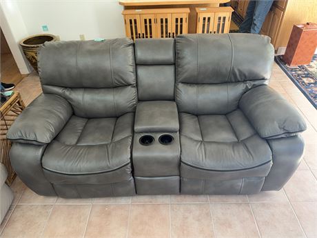 160 - Gray Leather Reclining Loveseat with Center Console