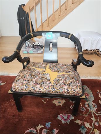 018 - Black Asian-Style Wooden Armchair with Worn Floral Cushion