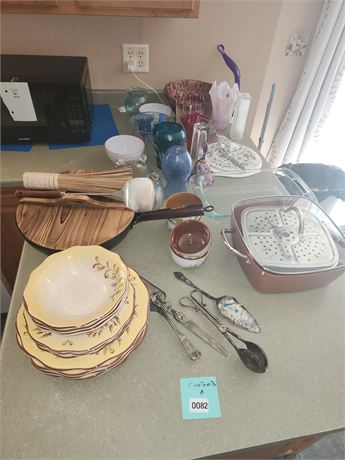 082 - Assorted Dinnerware, Glassware, and Serving Utensils