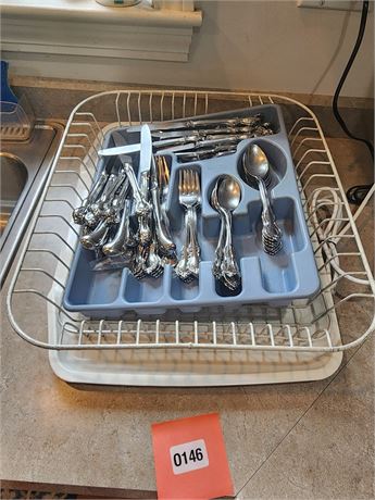 Silver-Tone Ornate Flatware Set with Tray