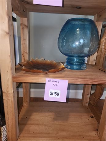 059 - Blue Glass Vase and Leaf-Shaped Ceramic Dish
