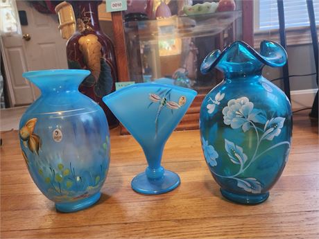 011 - Set of Three Fenton Blue Floral Art Glass Vases