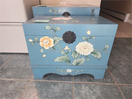 087 - Blue Painted Floral Wooden Storage Chest