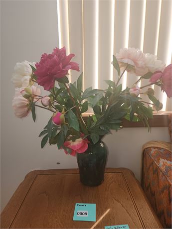 008 - Artificial Peony Flower Arrangement in Green Vase