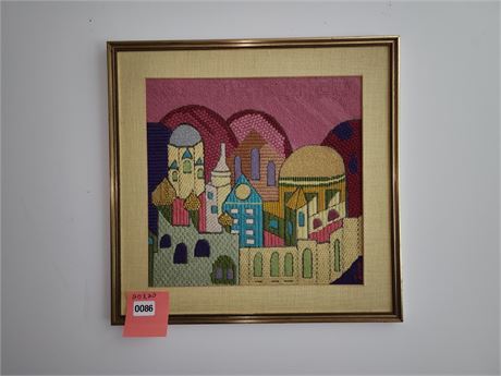 Framed Textile Art Wall Hanging, Abstract Cityscape