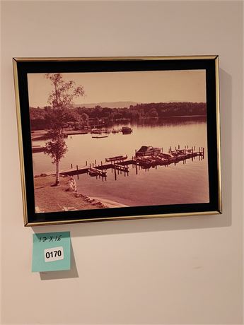 Framed Sepia Photograph of Lake Dock Scene