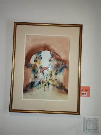 Framed Abstract Watercolor Painting with Archway Scene