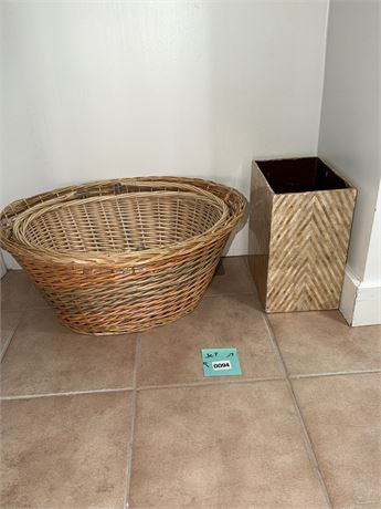 094 - Wicker Laundry Basket and Woven Wastebasket Set