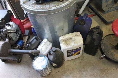 Assorted Workshop Items Including Metal Drum, Containers, and Red Stool