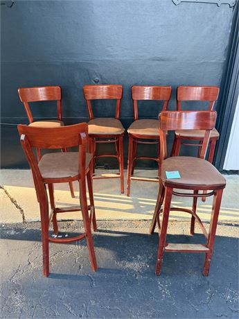 Set of 6 Wooden Bar Stools with Upholstered Seats