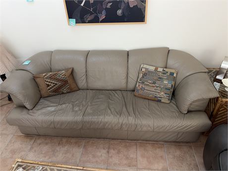 171 - Beige Leather Sofa with Throw Pillows