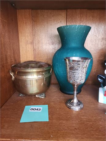 043 - Blue Glass Vase, Etched Goblet & Metal Bowl