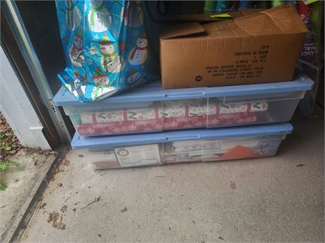Assorted Christmas Gift Wrap and Decorations in Storage Containers and Gift Bag