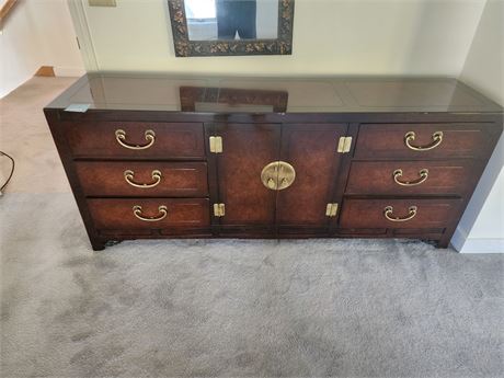 111 - Wooden Sideboard with Glass Top and Brass Handles