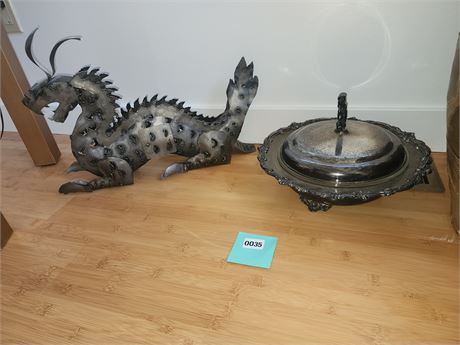 035 - Metal Dragon Sculpture and Divided Serving Dish