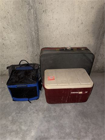 Set of Three Coolers and Soft-Sided Cooler Bag