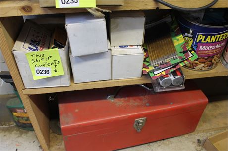 Vintage Red Metal Toolbox with Assorted Hardware and Accessories
