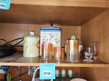 110 - Ceramic Canisters, Colored Glassware, and Decorative Basket