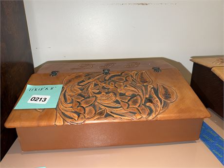 213 - Carved Leather and Wood Storage Box