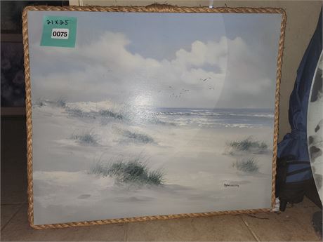 075 - Framed Coastal Landscape Painting with Rope Trim