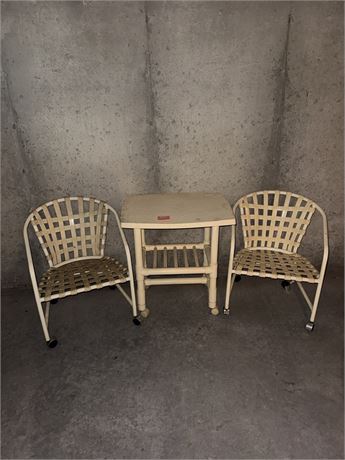 Vintage Woven Strap Patio Chairs with Side Table