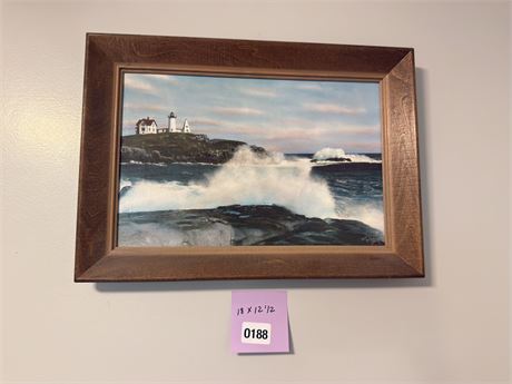 Framed Seascape Painting Featuring Lighthouse and Ocean Waves