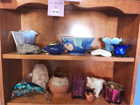 172 - Assorted Decorative Glass and Pottery - Two Shelves