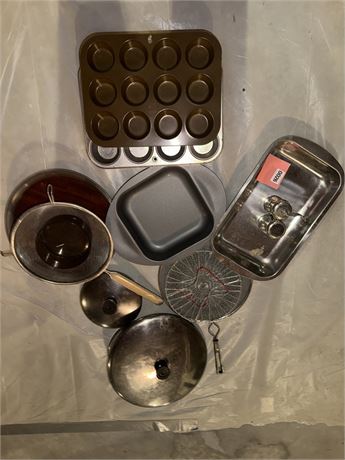 Mixed Metal Kitchenware Lot with Bakeware and Utensils