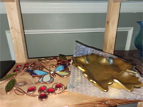 058 - Stained Glass Butterfly Panels and Brass Leaf Dishes