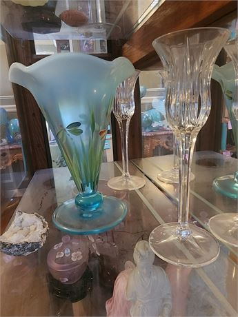 009 - Art Glass Vase with Two Clear Stemware Glasses