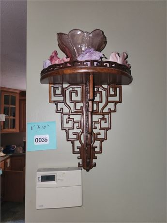 035 - Carved Wood Wall Shelf with Floral Centerpiece